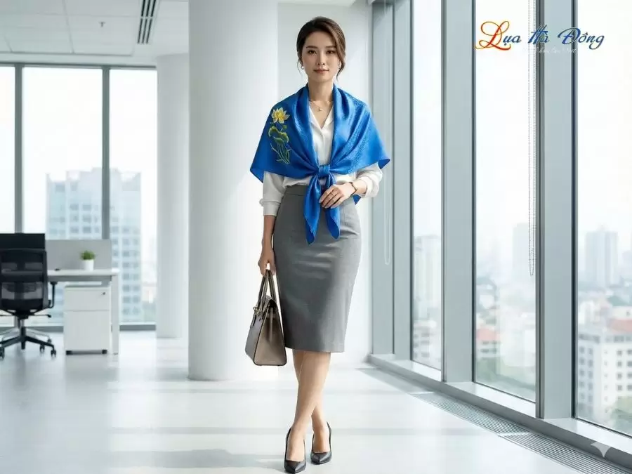 Khăn Lụa Vuông Tơ Tằm Thêu Hoa Sen Họa Tiết Sóng Mây Xanh Dương