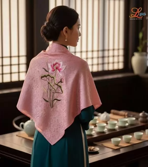 Khăn Lụa Vuông Tơ Tằm Thêu Hoa Sen Họa Tiết Hoa Cúc Hồng Phấn