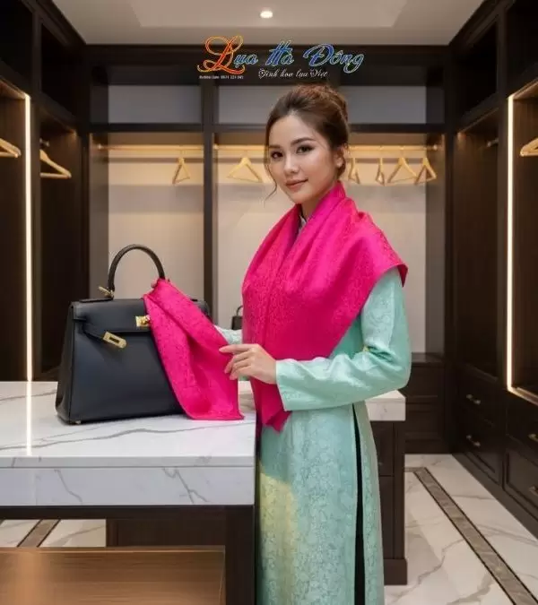 Khăn Lụa Vuông Tơ Tằm Thêu Hoa Sen Họa Tiết Hoa Cúc Màu Hồng Sen