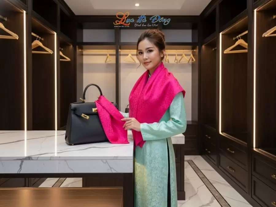 Khăn Lụa Vuông Tơ Tằm Thêu Hoa Sen Họa Tiết Hoa Cúc Màu Hồng Sen