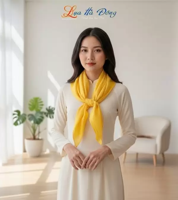 Khăn Lụa Vuông Tơ Tằm Thêu Hoa Sen Họa Tiết Hoa Cúc Vàng Tươi