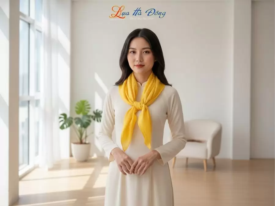 Khăn Lụa Vuông Tơ Tằm Thêu Hoa Sen Họa Tiết Hoa Cúc Vàng Tươi