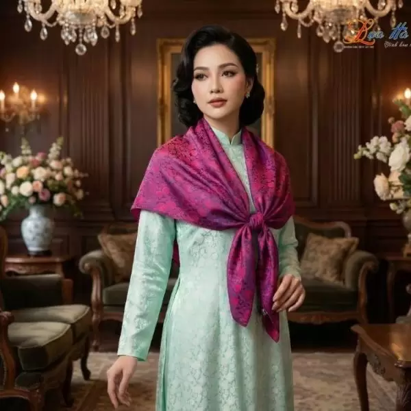 Khăn Lụa Vuông Tơ Tằm Thêu Hoa Sen Họa Tiết Hồng Thọ Màu Tím