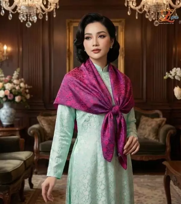 Khăn Lụa Vuông Tơ Tằm Thêu Hoa Sen Họa Tiết Hồng Thọ Màu Tím