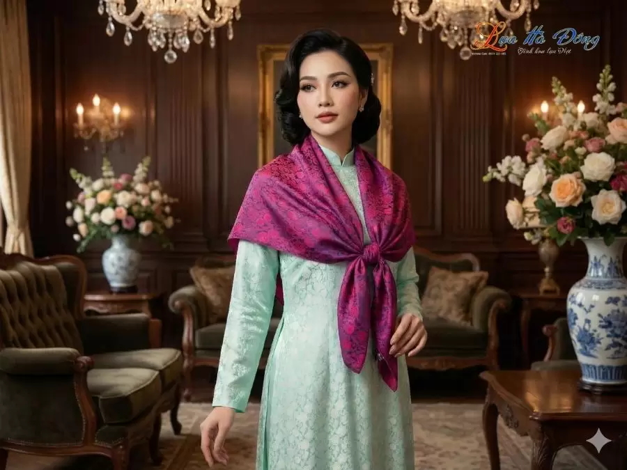 Khăn Lụa Vuông Tơ Tằm Thêu Hoa Sen Họa Tiết Hồng Thọ Màu Tím