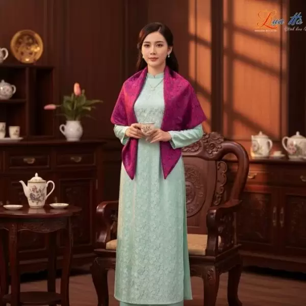 Khăn Lụa Vuông Tơ Tằm Thêu Hoa Sen Họa Tiết Hồng Thọ Màu Tím