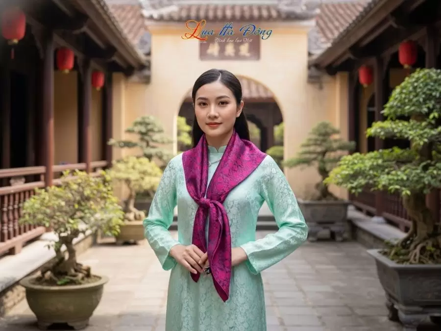 Khăn Lụa Vuông Tơ Tằm Thêu Hoa Sen Họa Tiết Hồng Thọ Màu Tím