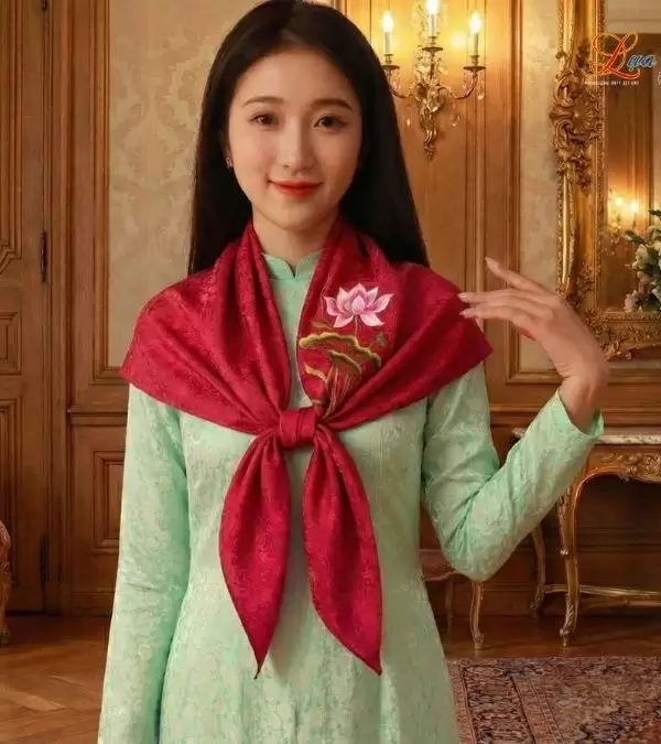 Khăn Lụa Vuông Tơ Tằm Thêu Hoa Sen Họa Tiết Sen Dây Màu Tím Hồng