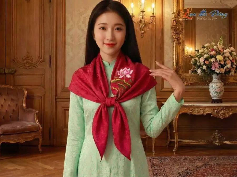 Khăn Lụa Vuông Tơ Tằm Thêu Hoa Sen Họa Tiết Sen Dây Màu Tím Hồng