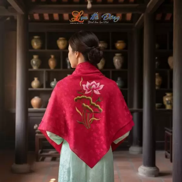 Khăn Lụa Vuông Tơ Tằm Thêu Hoa Sen Họa Tiết Sen Dây Màu Tím Hồng