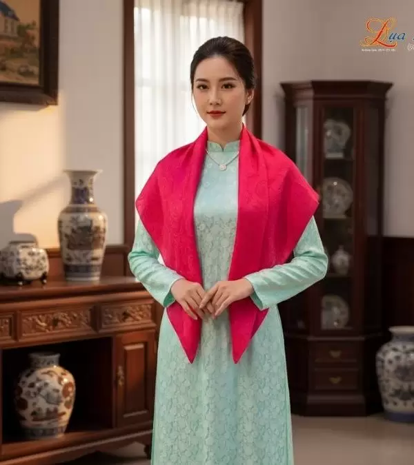 Khăn Lụa Vuông Tơ Tằm Thêu Hoa Sen Họa Tiết Trống Đồng Màu Hồng