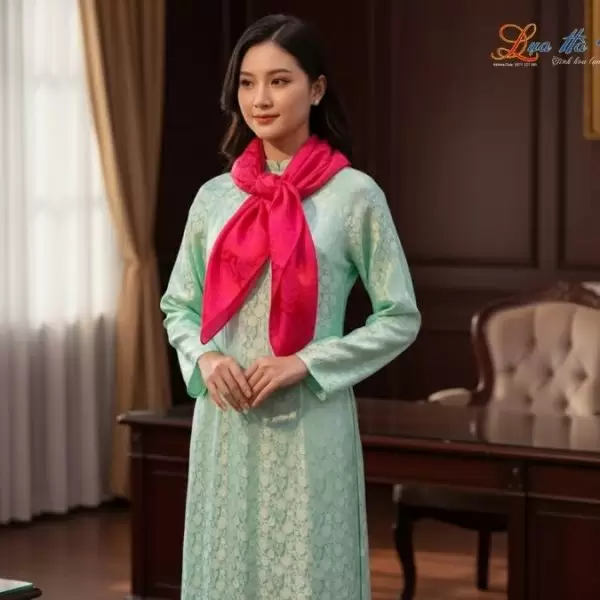 Khăn Lụa Vuông Tơ Tằm Thêu Hoa Sen Họa Tiết Trống Đồng Màu Hồng