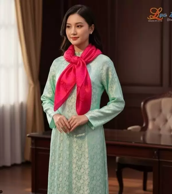 Khăn Lụa Vuông Tơ Tằm Thêu Hoa Sen Họa Tiết Trống Đồng Màu Hồng