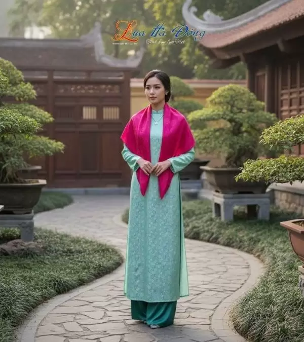 Khăn Lụa Vuông Tơ Tằm Thêu Hoa Sen Họa Tiết Trống Đồng Màu Hồng