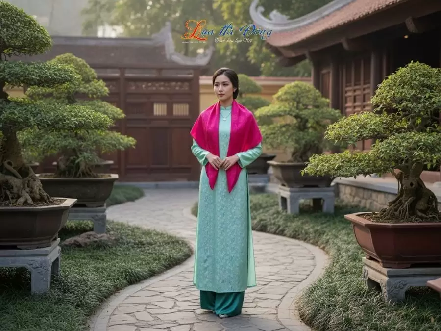 Khăn Lụa Vuông Tơ Tằm Thêu Hoa Sen Họa Tiết Trống Đồng Màu Hồng