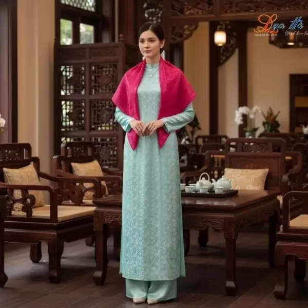 Khăn Lụa Vuông Tơ Tằm Thêu Hoa Sen Họa Tiết Trống Đồng Màu Hồng