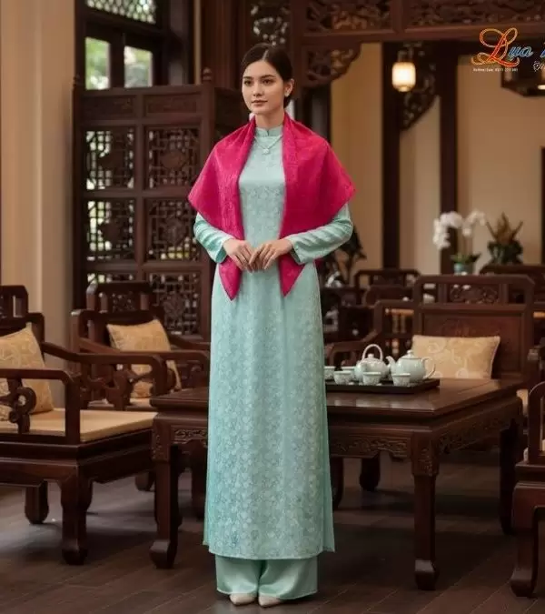 Khăn Lụa Vuông Tơ Tằm Thêu Hoa Sen Họa Tiết Trống Đồng Màu Hồng