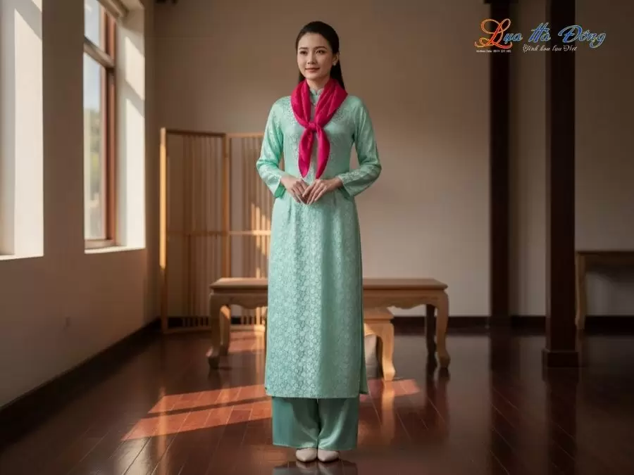 Khăn Lụa Vuông Tơ Tằm Thêu Hoa Sen Họa Tiết Trống Đồng Màu Hồng