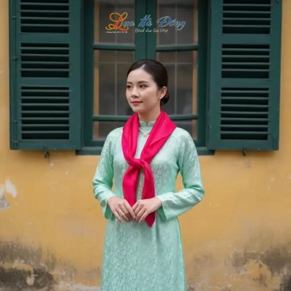 Khăn Lụa Vuông Tơ Tằm Thêu Hoa Sen Họa Tiết Trống Đồng Màu Hồng