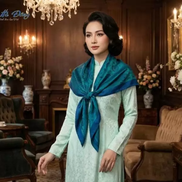 Khăn Lụa Vuông Tơ Tằm Thêu Hoa Sen Họa Tiết Trống Đồng Xanh Dương