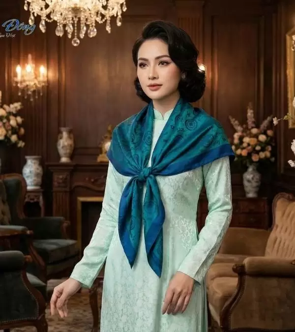 Khăn Lụa Vuông Tơ Tằm Thêu Hoa Sen Họa Tiết Trống Đồng Xanh Dương