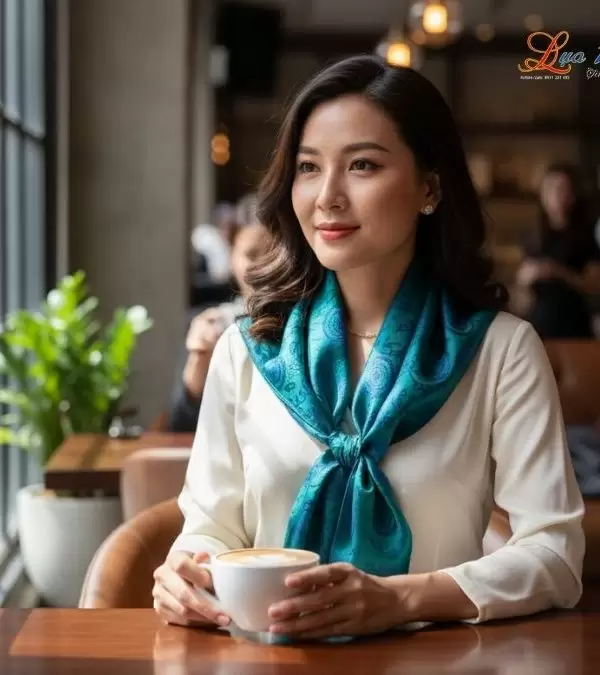 Khăn Lụa Vuông Tơ Tằm Thêu Hoa Sen Họa Tiết Trống Đồng Xanh Dương