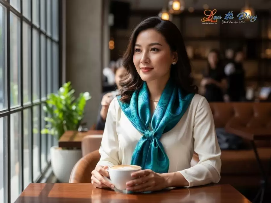 Khăn Lụa Vuông Tơ Tằm Thêu Hoa Sen Họa Tiết Trống Đồng Xanh Dương