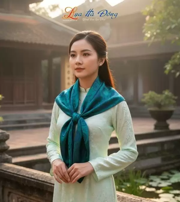 Khăn Lụa Vuông Tơ Tằm Thêu Hoa Sen Họa Tiết Trống Đồng Xanh Dương