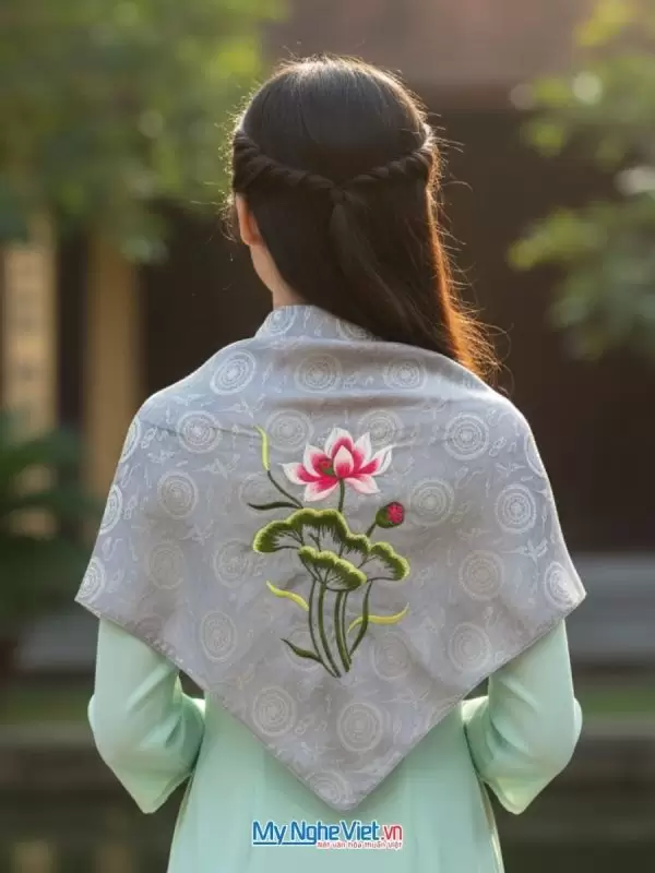 Khăn lụa tơ tằm thêu sen họa tiết trống đồng