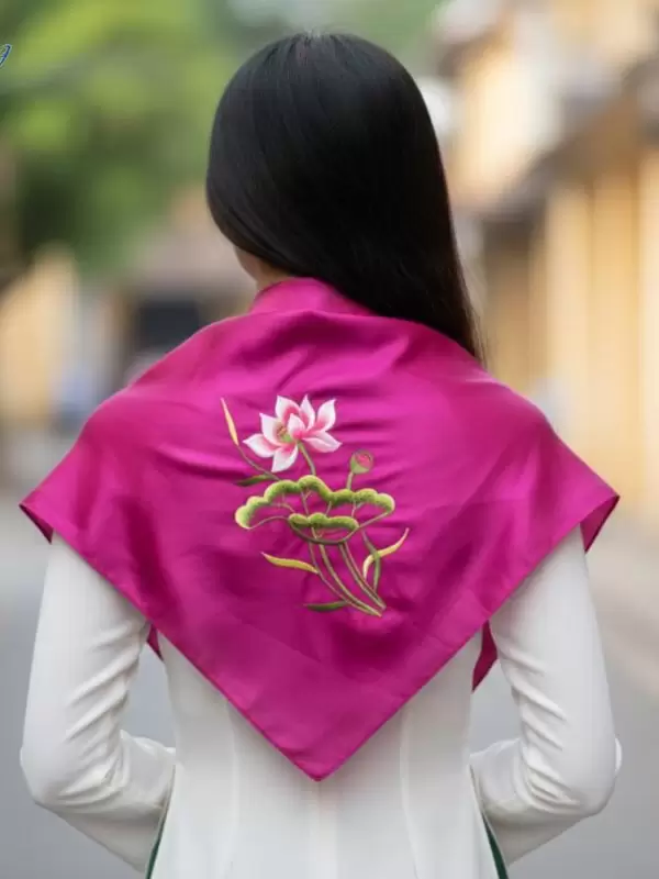 Khăn Vuông Lụa Tơ Tằm Thêu Sen Trơn Màu Tím