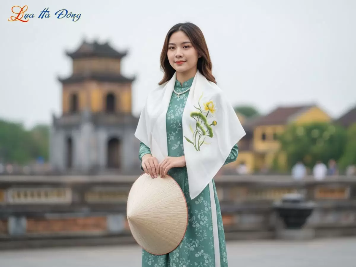 Khăn Lụa Vuông Tơ Tằm Thêu Sen Trơn Màu Trắng