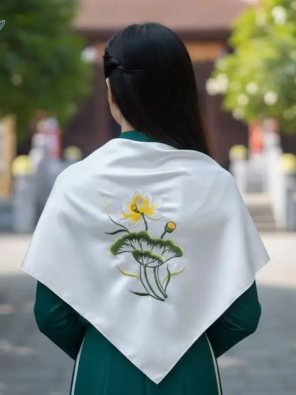 Khăn Vuông Lụa Tơ Tằm Thêu Sen Trơn Màu Vàng Mỡ Gà