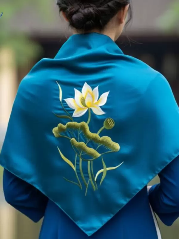 khăn vuông lụa tơ tằm thêu sen trơn màu xanh cổ vịt