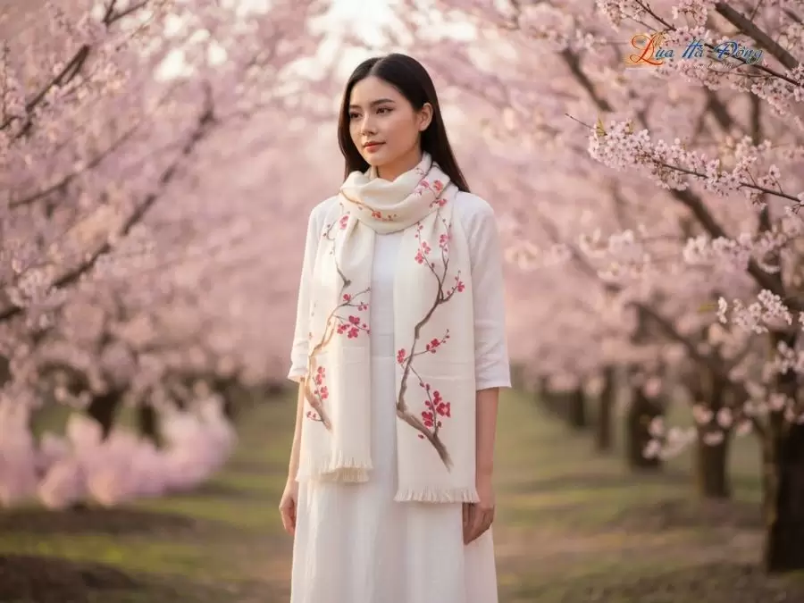 Khăn lụa dệt hoa vẽ tay 100% silk cao cấp