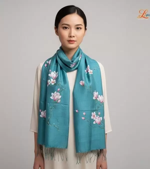 Khăn lụa tơ tằm 100% silk họa tiết hoa mộc lan vẽ tay