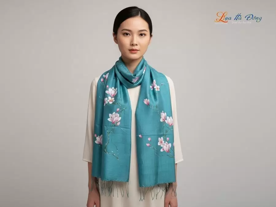 Khăn lụa tơ tằm 100% silk họa tiết hoa mộc lan vẽ tay