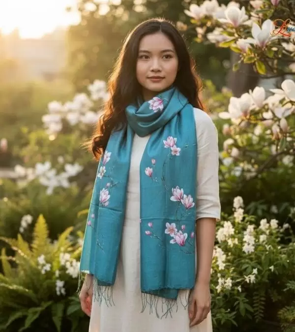 Khăn lụa tơ tằm 100% silk họa tiết hoa mộc lan vẽ tay