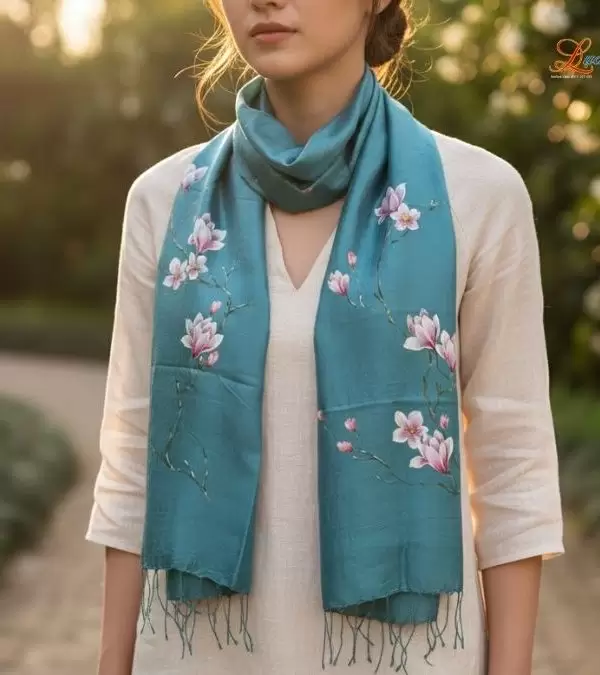 Khăn lụa tơ tằm 100% silk họa tiết hoa mộc lan vẽ tay