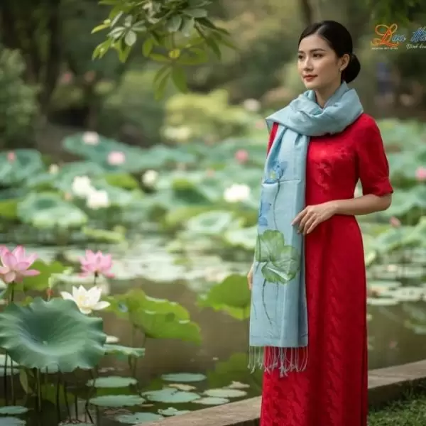 Khăn lụa tơ tằm 100% silk họa tiết hoa sen vẽ tay