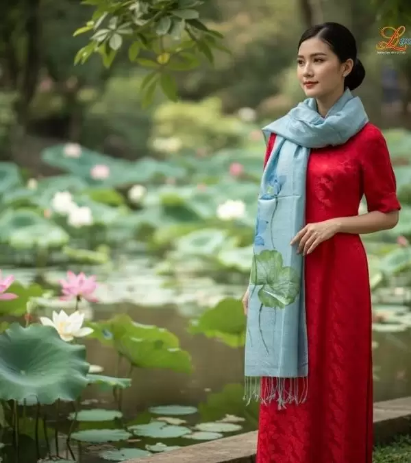 Khăn lụa tơ tằm 100% silk họa tiết hoa sen vẽ tay