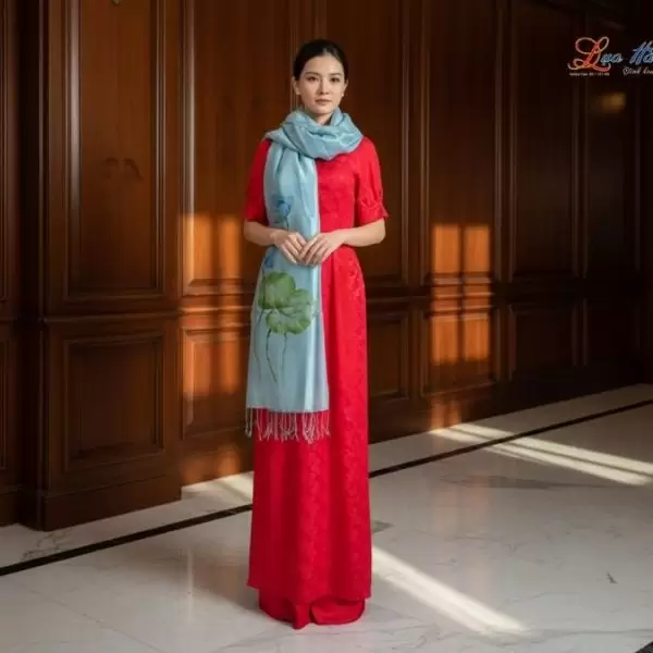 Khăn lụa tơ tằm 100% silk họa tiết hoa sen vẽ tay