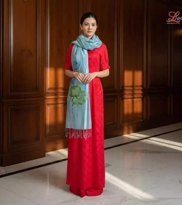 Khăn lụa tơ tằm 100% silk họa tiết hoa sen vẽ tay