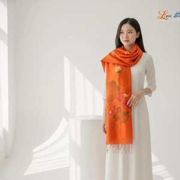Khăn lụa tơ tằm 100% silk họa tiết hoa sen vẽ tay
