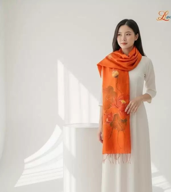 Khăn lụa tơ tằm 100% silk họa tiết hoa sen vẽ tay