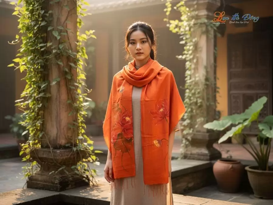 Khăn lụa tơ tằm 100% silk họa tiết hoa sen vẽ tay