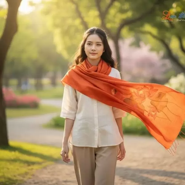 Khăn lụa tơ tằm 100% silk họa tiết hoa sen vẽ tay