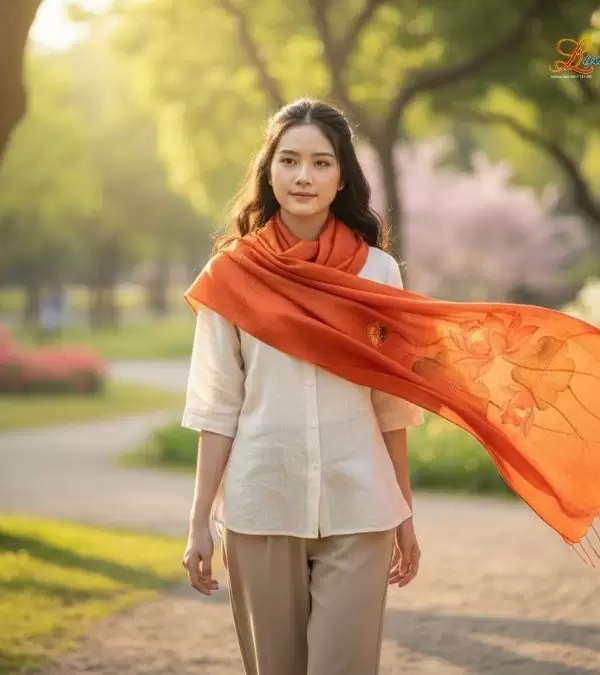 Khăn lụa tơ tằm 100% silk họa tiết hoa sen vẽ tay