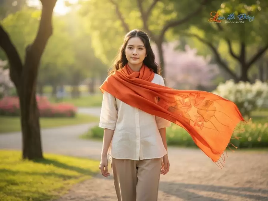 Khăn lụa tơ tằm 100% silk họa tiết hoa sen vẽ tay
