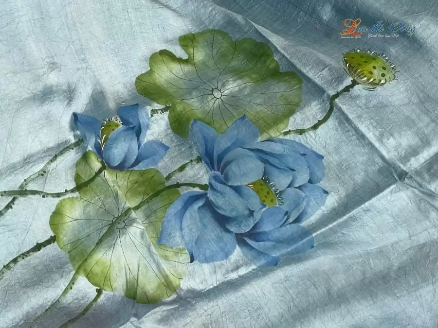 Khăn lụa tơ tằm 100% silk họa tiết hoa sen vẽ tay