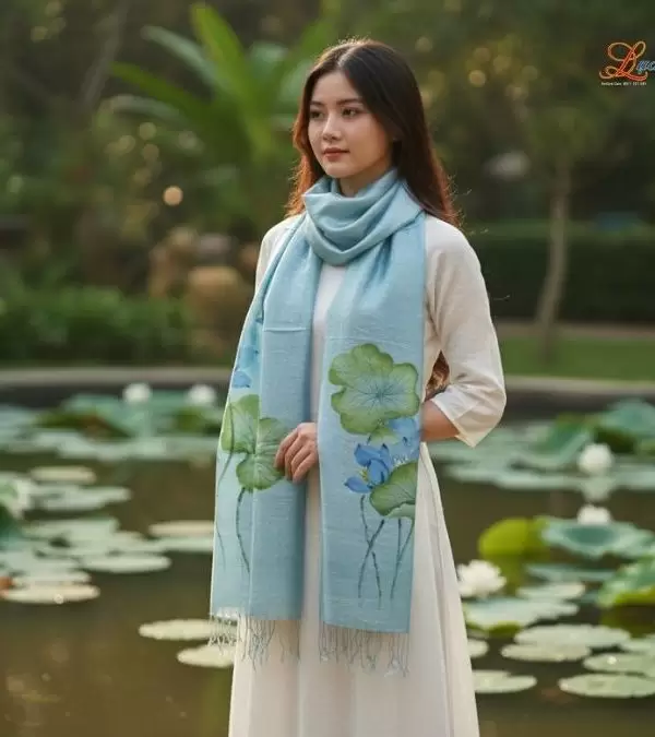 Khăn lụa tơ tằm 100% silk họa tiết hoa sen vẽ tay